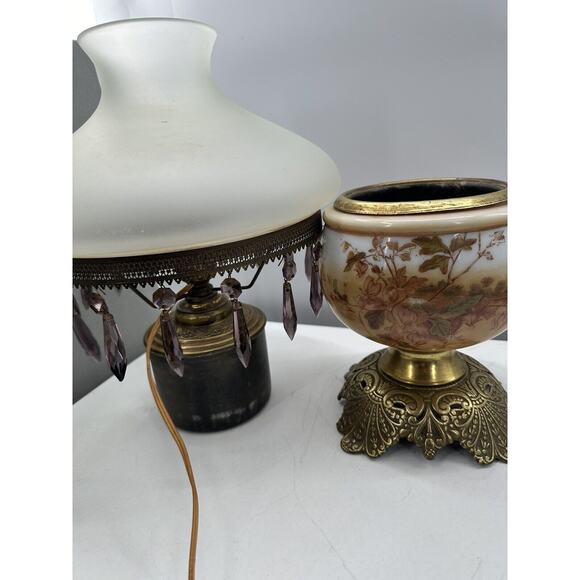 Antique 19" GWTW Hurricane Converted Brass Oil Lamp W/Prisms Porcelain Glass - Picture 2 of 16
